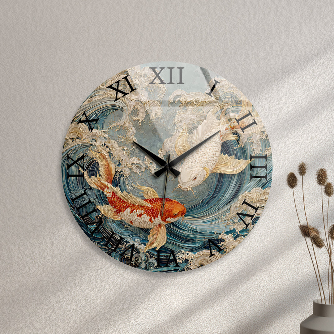 Japanese Koi Fish Glass Wall Clock – Blue Ocean Wave Art