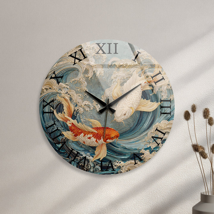 Japanese Koi Fish Glass Wall Clock – Blue Ocean Wave Art