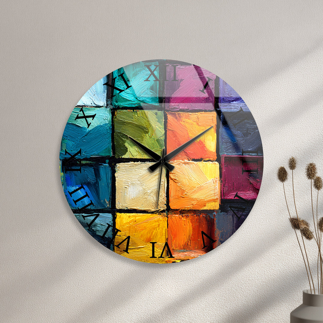 Colorful Abstract Glass Wall Clock – Textured Geometric Painting