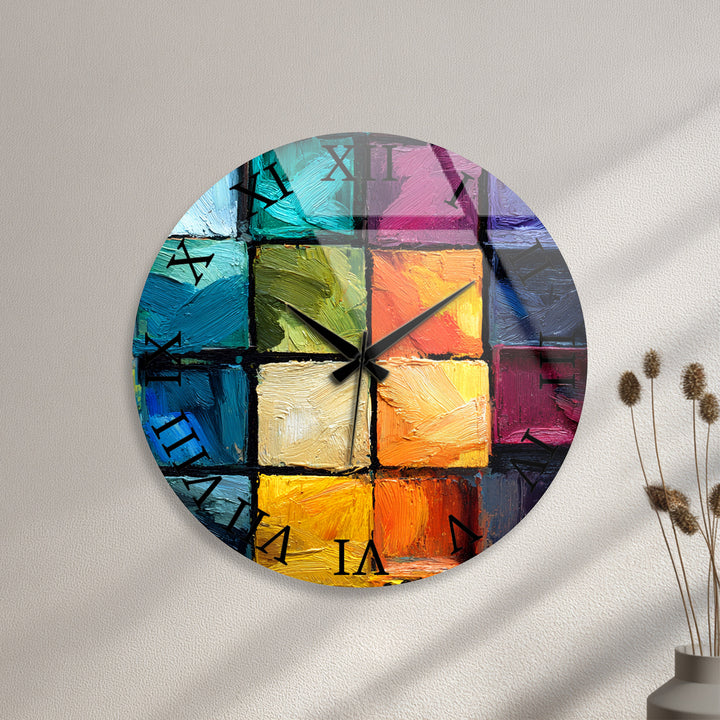Colorful Abstract Glass Wall Clock – Textured Geometric Painting