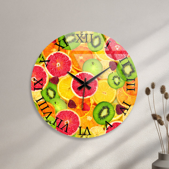 Colorful Fruit Glass Wall Clock – Citrus Kitchen Wall Decor
