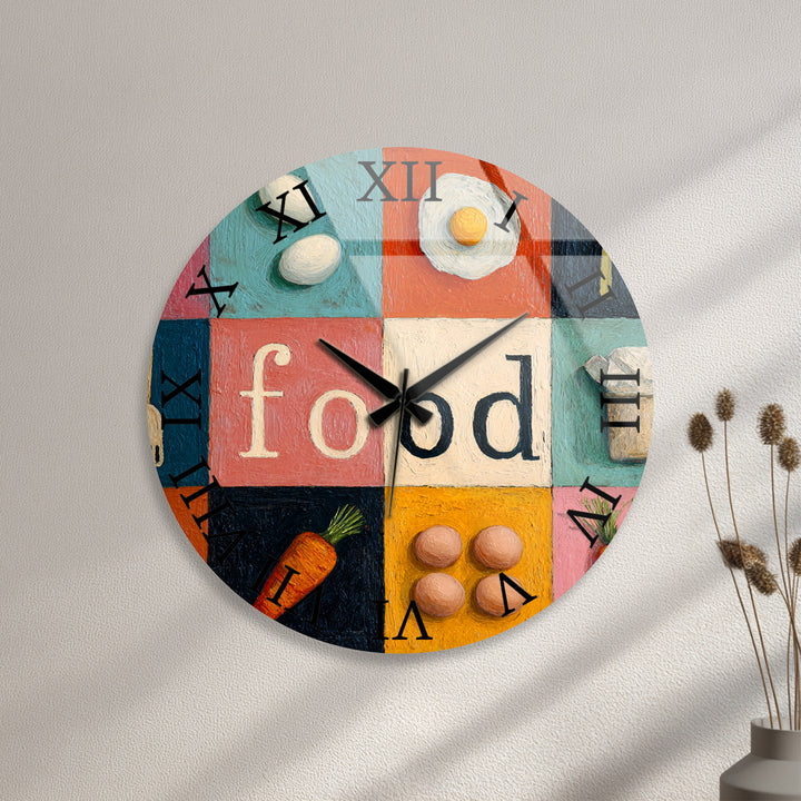 Colorful Food Glass Wall Clock – Retro Kitchen Decor