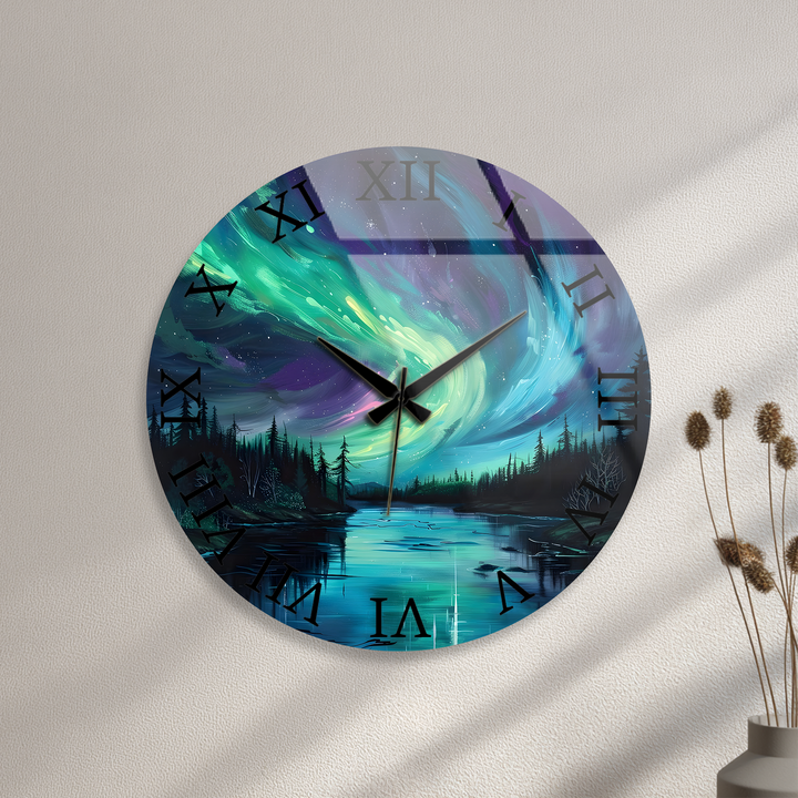 Northern Lights Glass Wall Clock – Aurora Borealis Decor