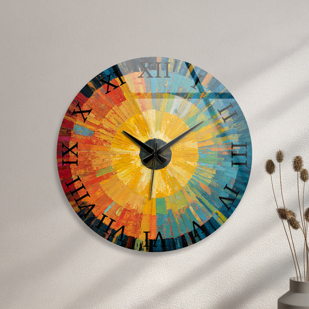 Abstract Sunburst Glass Wall Clock – Colorful Modern Art