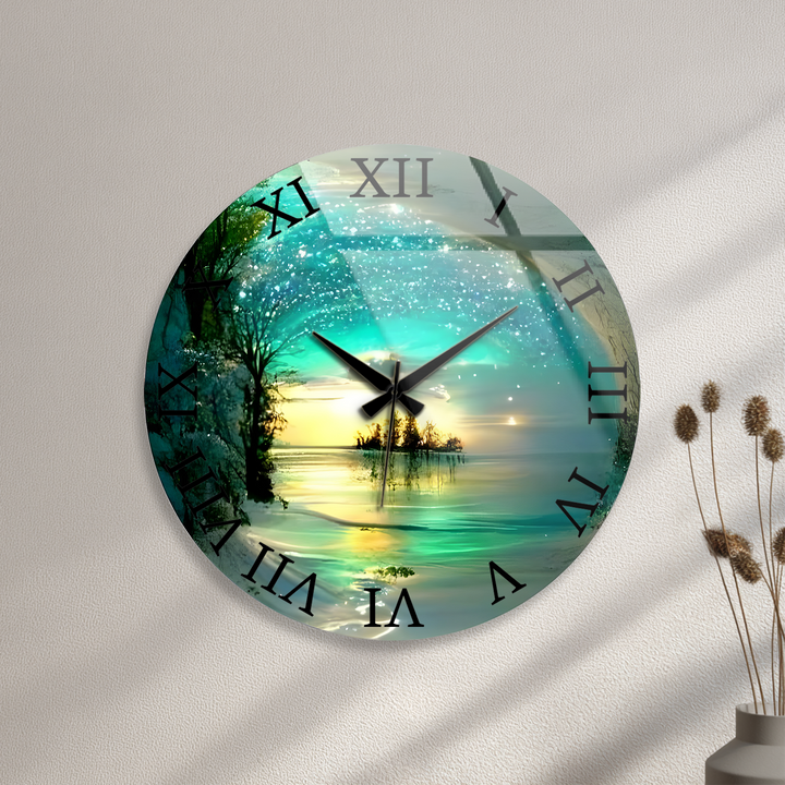 Enchanted Lake Glass Wall Clock – Turquoise Fantasy Landscape