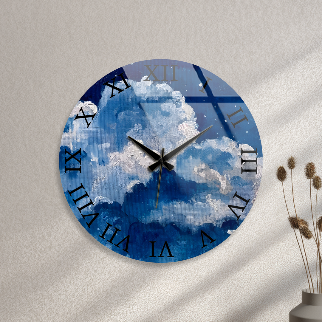 Blaue Wolke Glaswanduhr – abstrakte Himmelswanddekoration