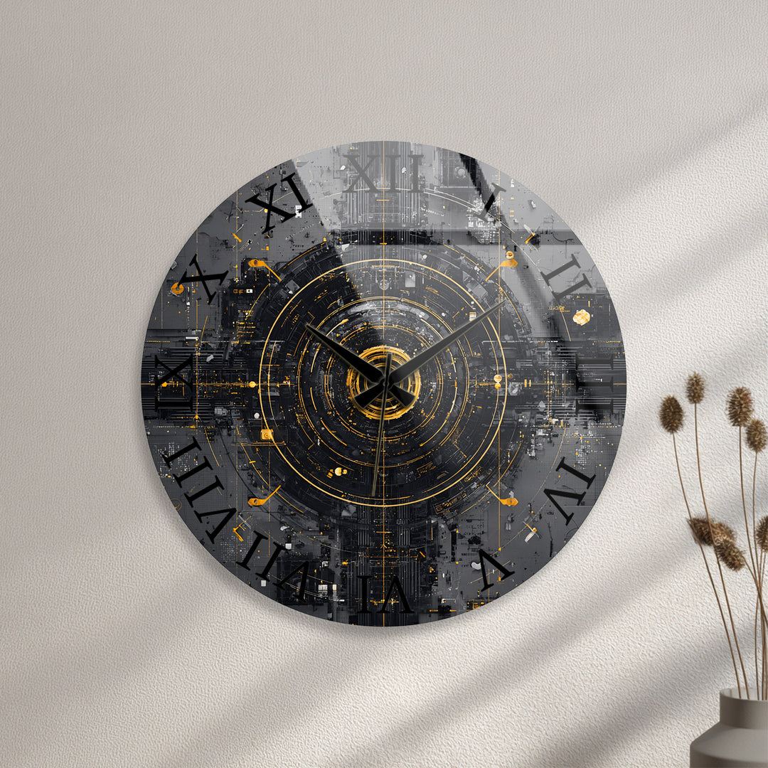 Industrial Abstract Glass Wall Clock – Black and Gold Tech Art