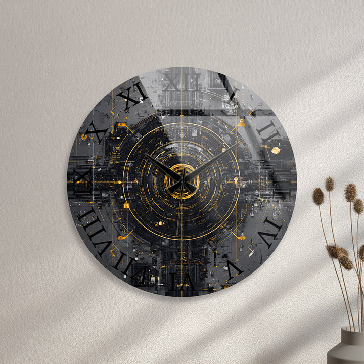 Industrial Abstract Glass Wall Clock – Black and Gold Tech Art