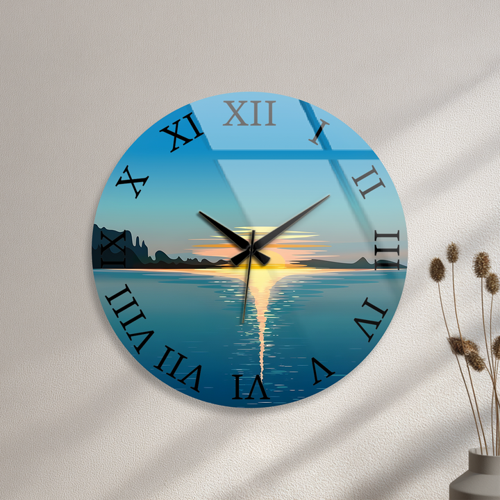Minimalist Ocean Sunset Glass Wall Clock – Coastal Decor