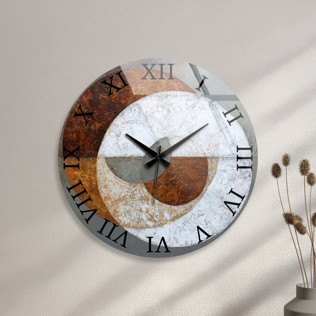 Rust and Gray Glass Wall Clock – Industrial Abstract Circle Art