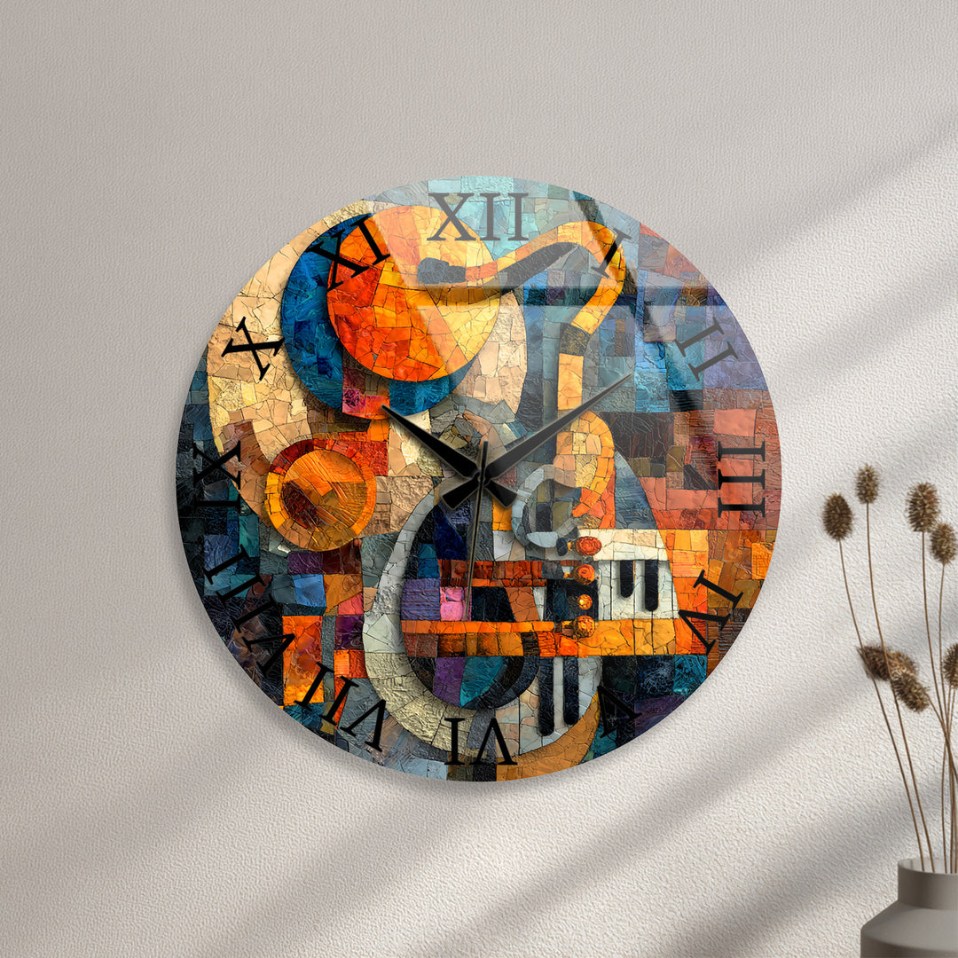 Music Glass Wall Clock – Treble Clef and Piano Mosaic Decor