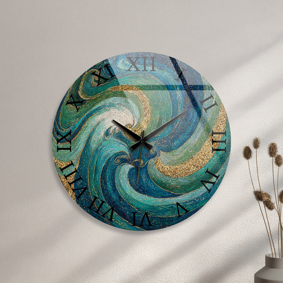 Türkisfarbene Mosaik-Glas-Wanduhr – abstraktes Wirbeldekor