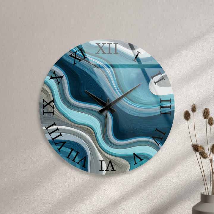 Blue Abstract Glass Wall Clock – Teal Wave Modern Decor