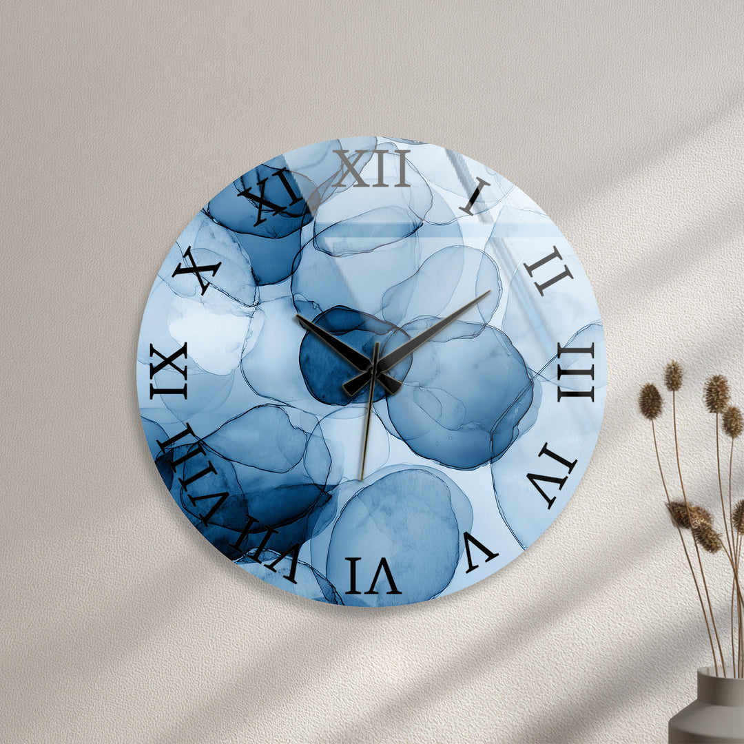 Blue Abstract Glass Wall Clock – Modern Alcohol Ink Art