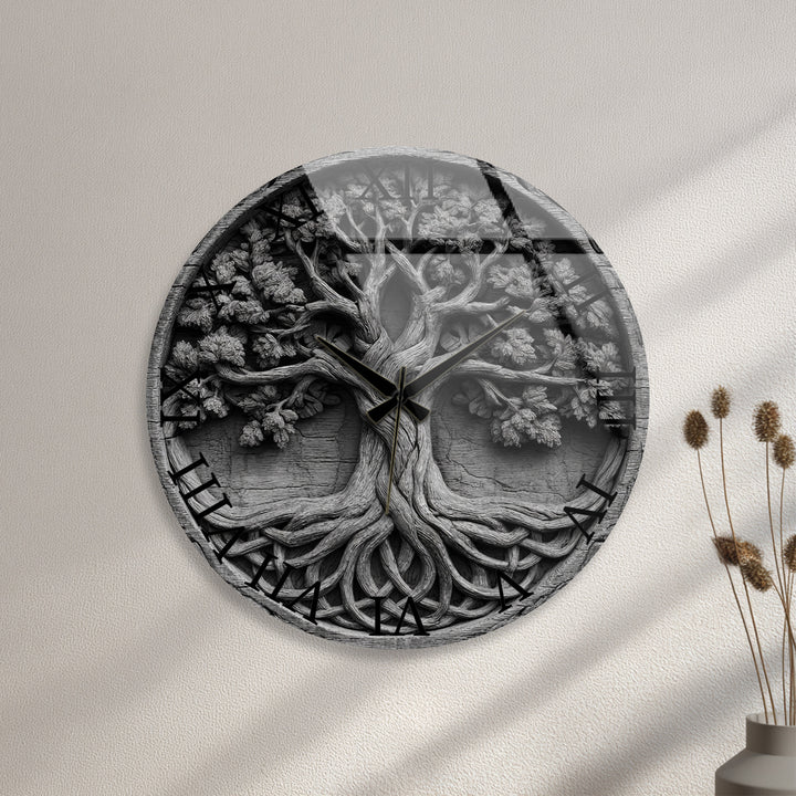 Black and White Tree of Life Glass Wall Clock – Celtic Style Art