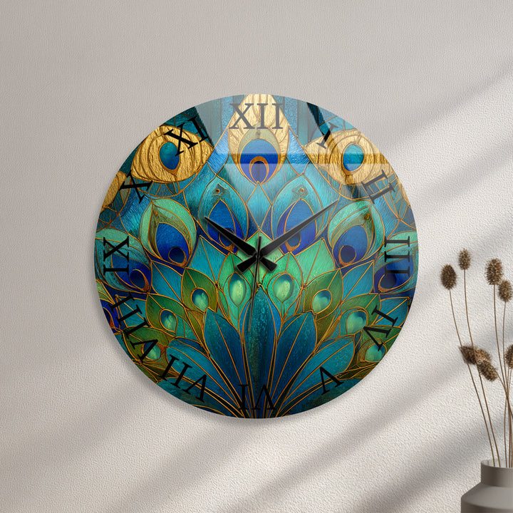 Peacock Feather Glass Wall Clock – Blue Art Nouveau Decor
