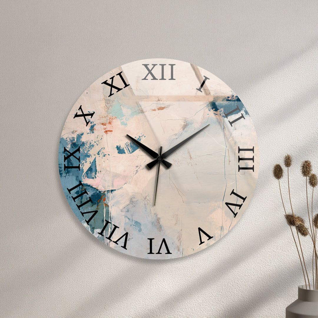 Neutral Abstract Glass Wall Clock – Beige and Blue Modern Decor