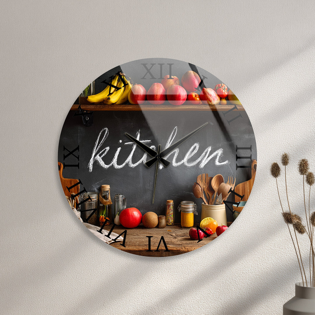 Rustic Kitchen Glass Wall Clock – Farmhouse Chalkboard Decor