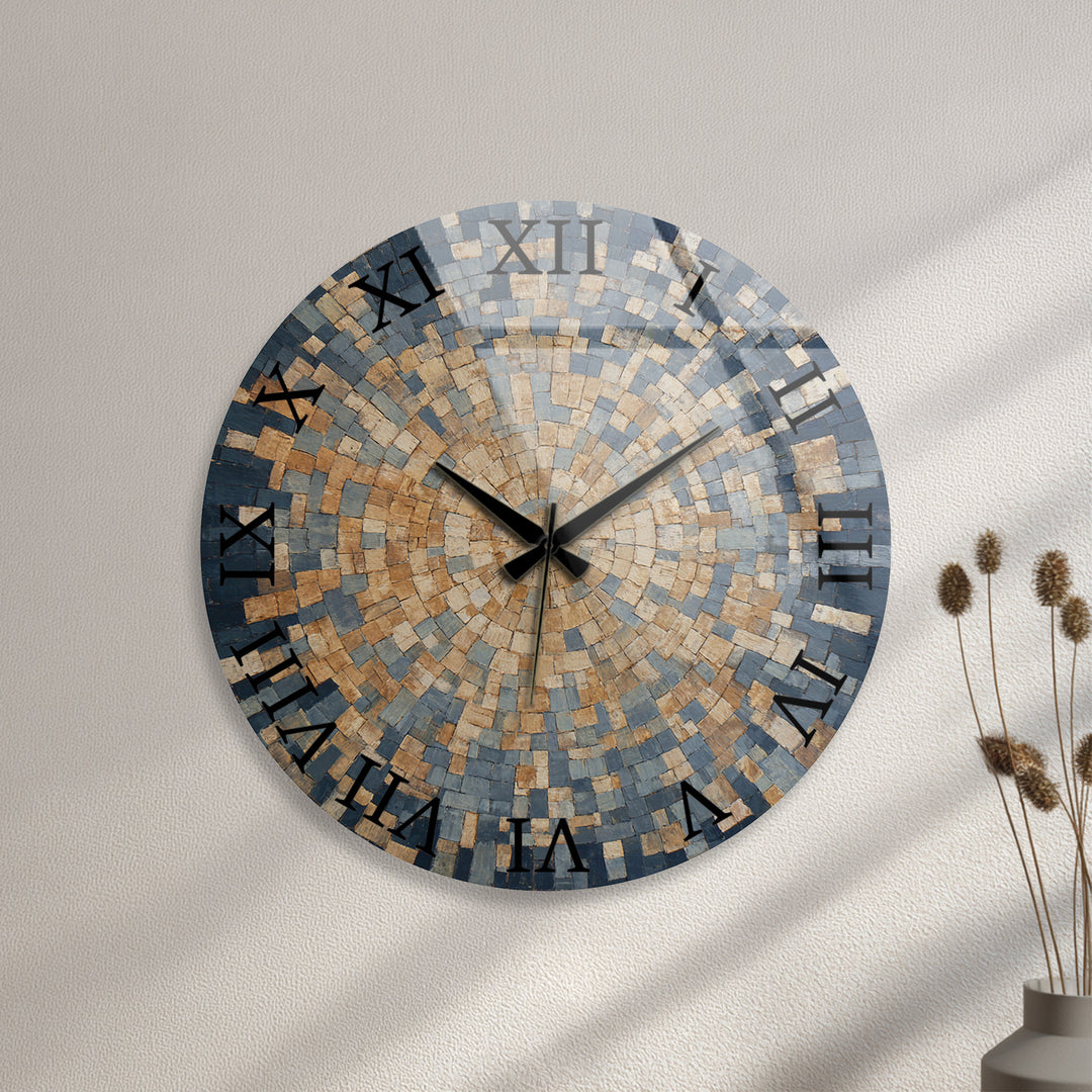 Blue Mosaic Glass Wall Clock – Beige Geometric Circle Art Decor