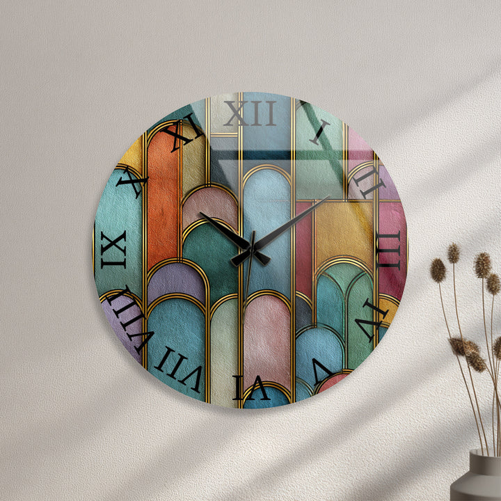 Art Deco Glass Wall Clock – Colorful Geometric Arch Decor