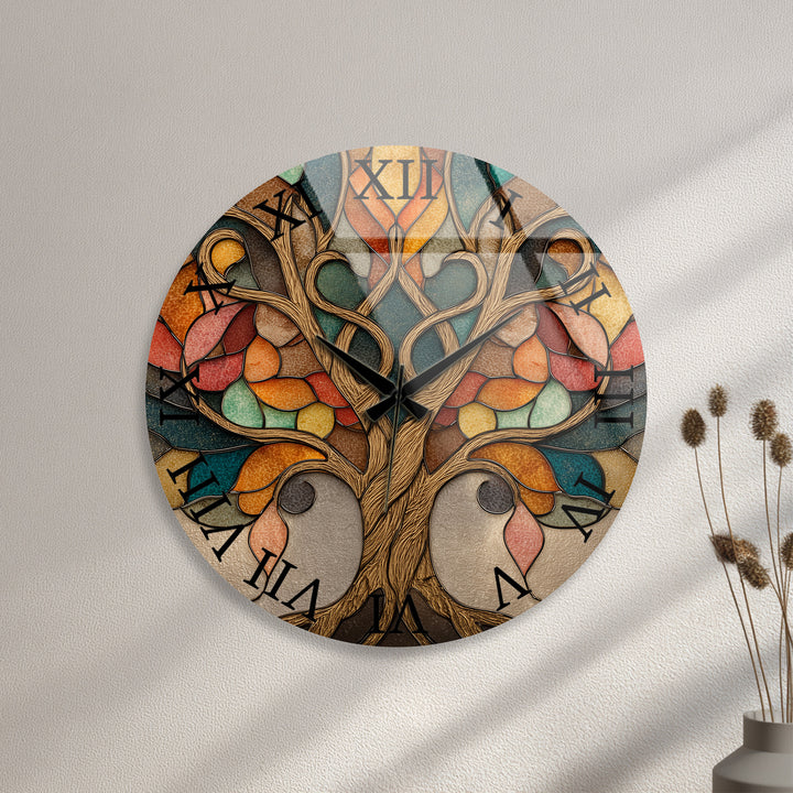 Autumn Tree of Life Glass Wall Clock – Stained Glass Style Decor