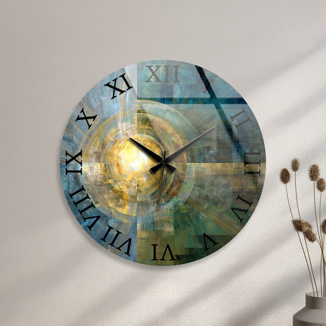 Teal and Gold Glass Wall Clock – Abstract Geometric Art