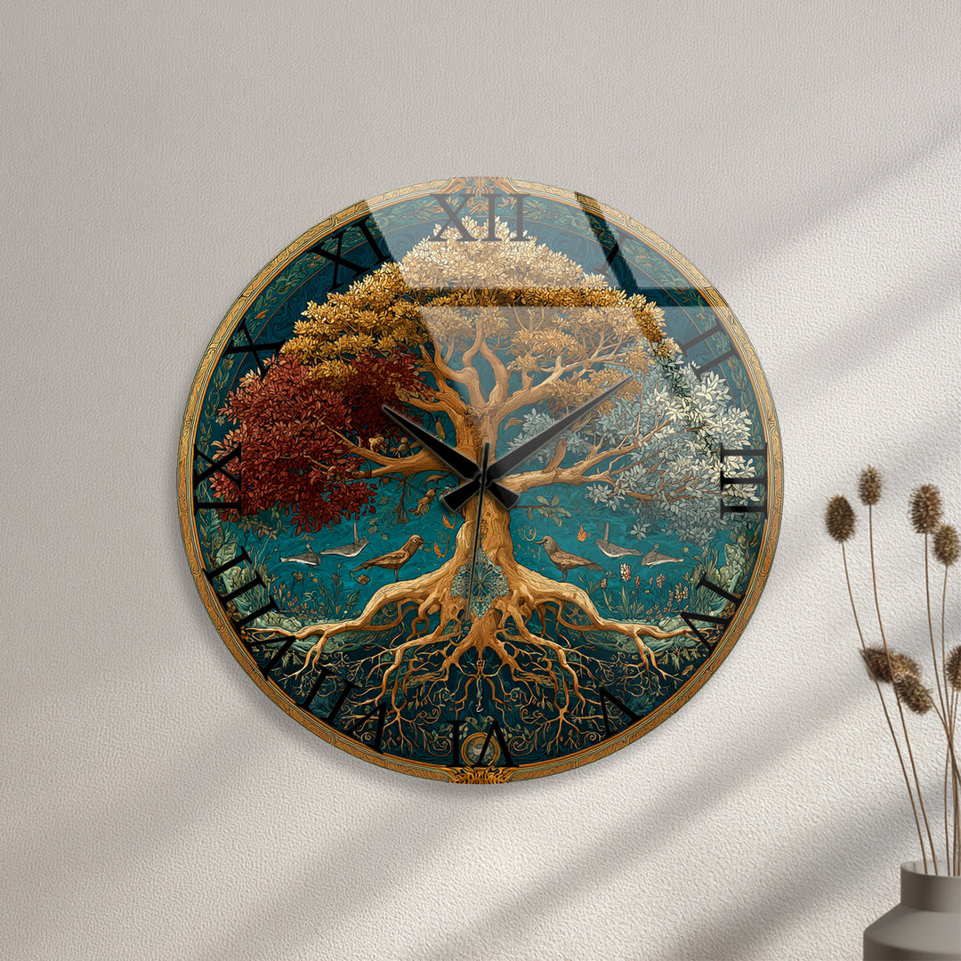 Four Seasons Tree of Life Glass Wall Clock – Botanical Decor