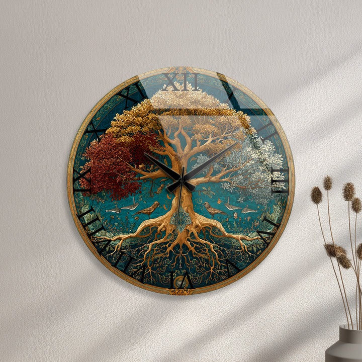 Four Seasons Tree of Life Glass Wall Clock – Botanical Decor