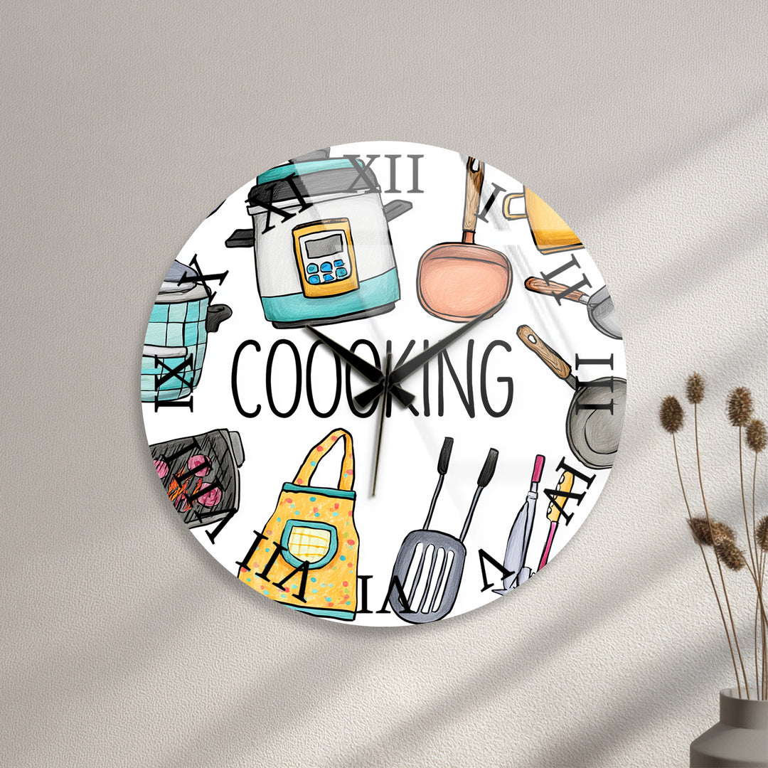 Colorful Cooking Glass Wall Clock – Kitchen Utensil Decor