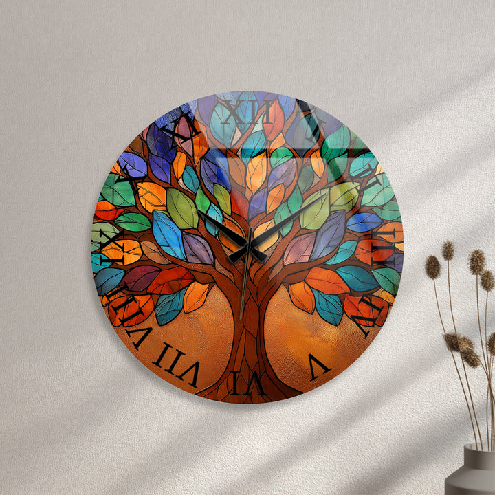 Bunte Glas-Wanduhr „Baum des Lebens“ – Buntglas-Stil