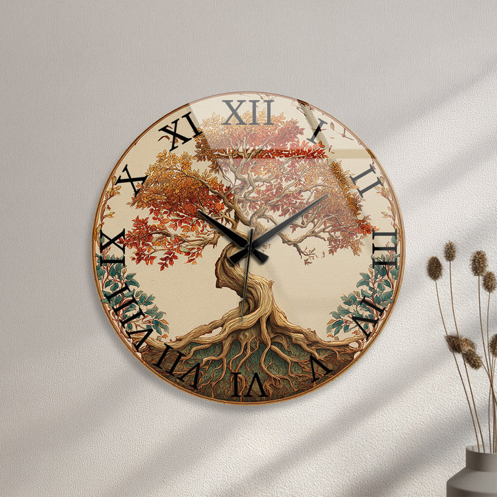 Autumn Tree of Life Glass Wall Clock – Rustic Fall Decor