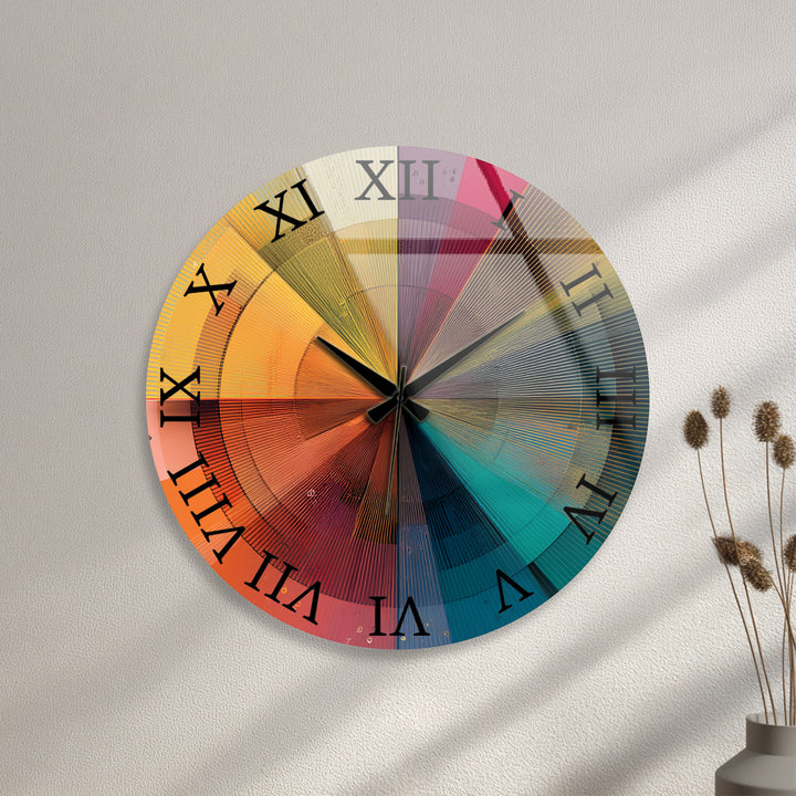 Colorful Geometric Glass Wall Clock – Retro Radial Art