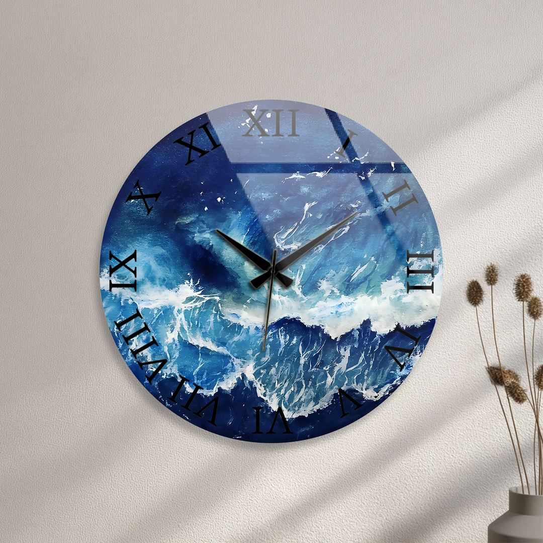 Abstract Blue Ocean Glass Wall Clock – Coastal Wave Art