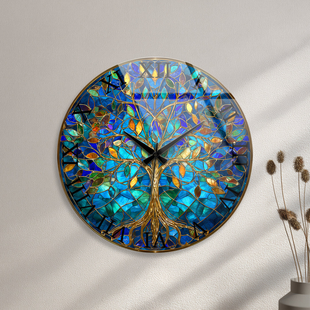 Blue Tree of Life Glass Wall Clock – Gold Stained Glass Style