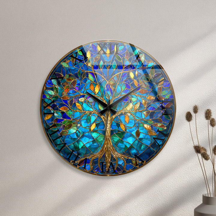 Blue Tree of Life Glass Wall Clock – Gold Stained Glass Style