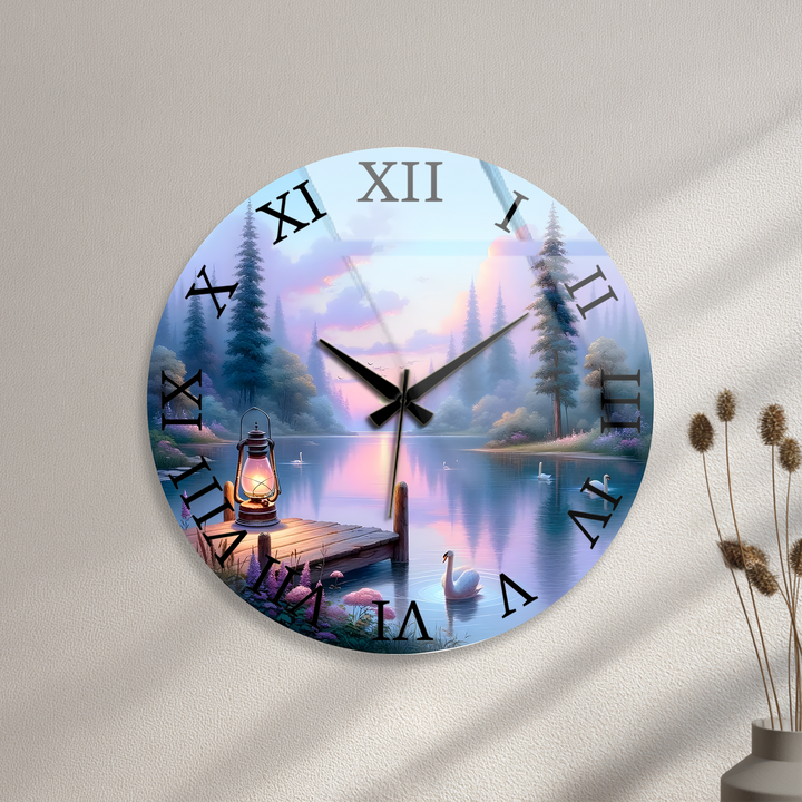 Swan Lake Glass Wall Clock – Pastel Forest Landscape