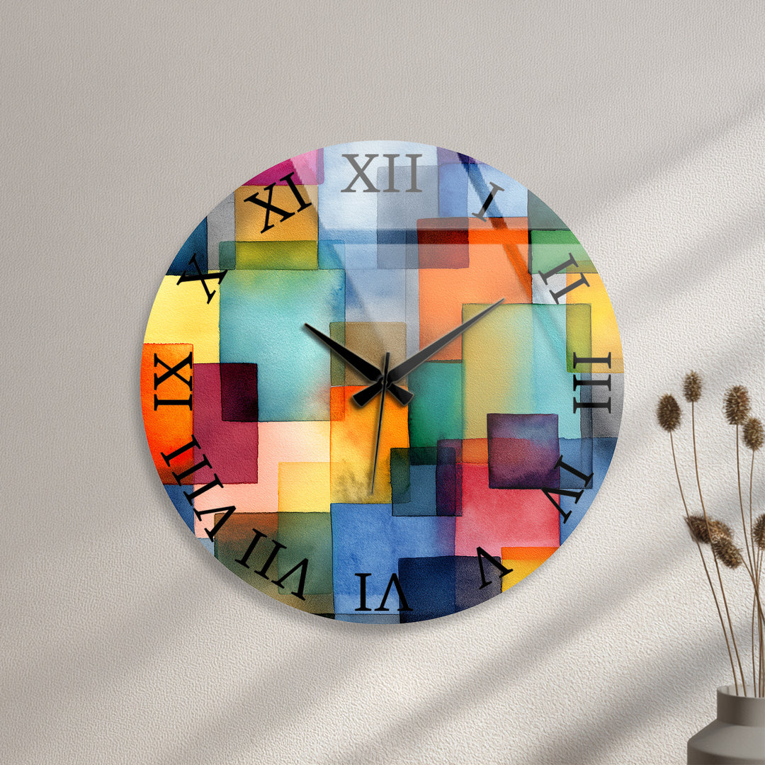 Colorful Geometric Glass Wall Clock – Abstract Color Block Art