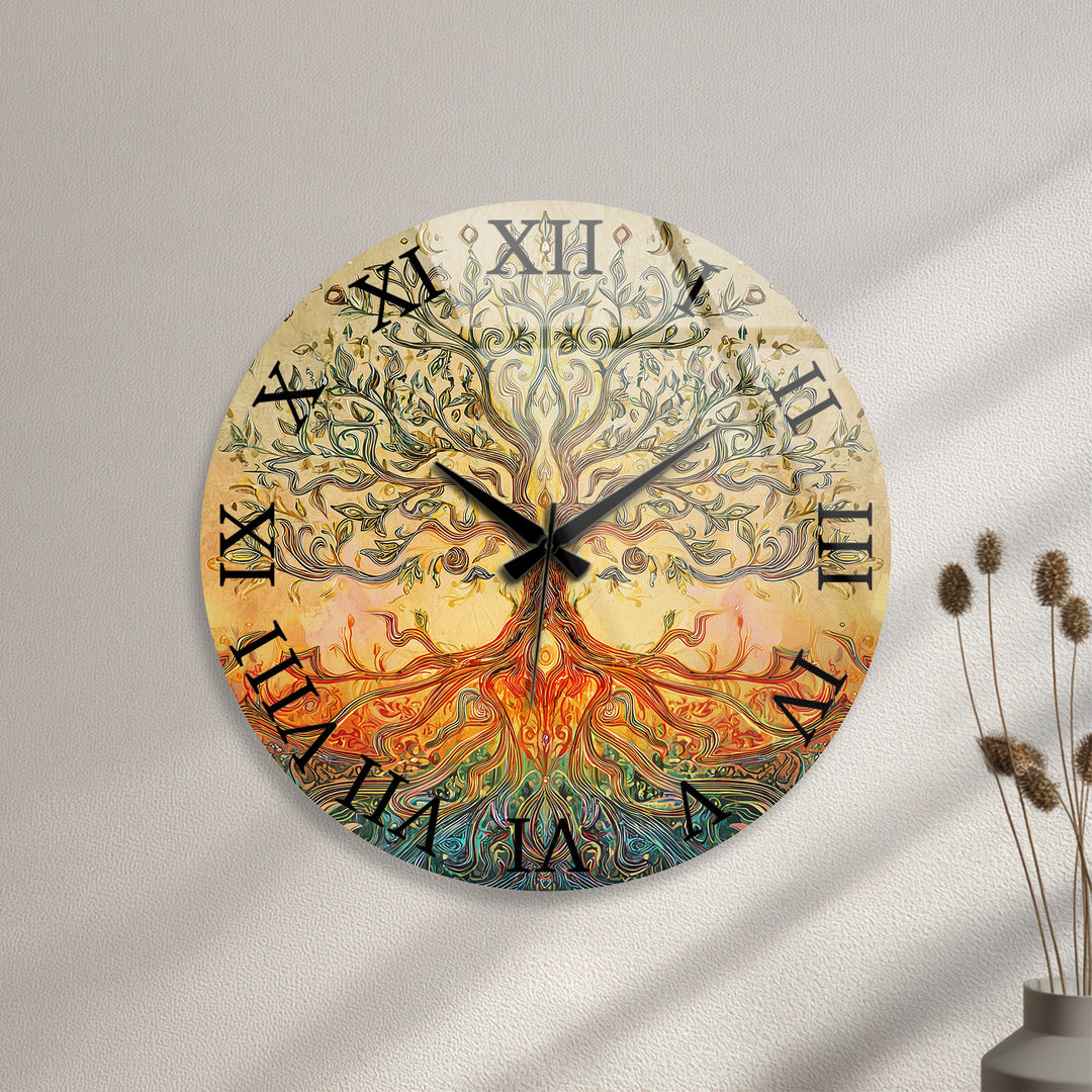 Golden Tree of Life Glass Wall Clock – Boho Botanical Decor