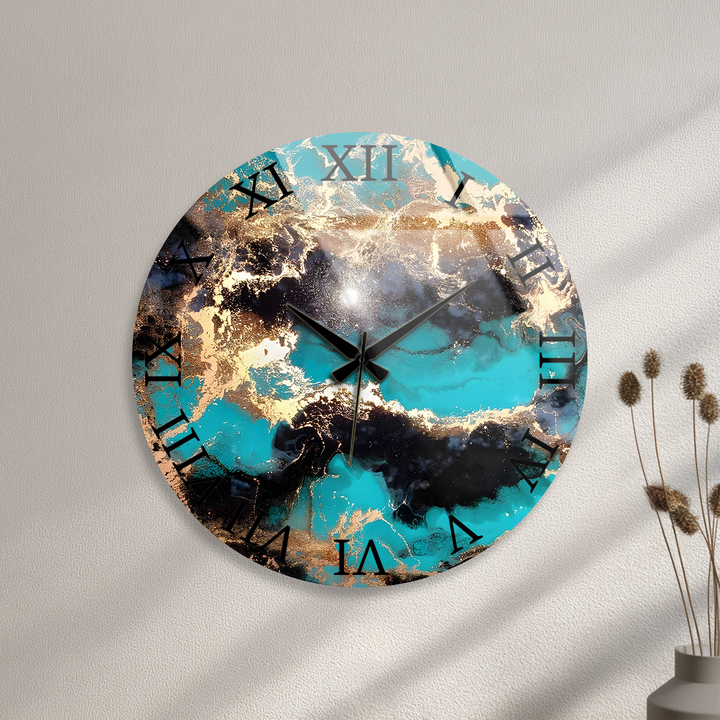 Turquoise and Gold Glass Wall Clock – Abstract Marble Decor