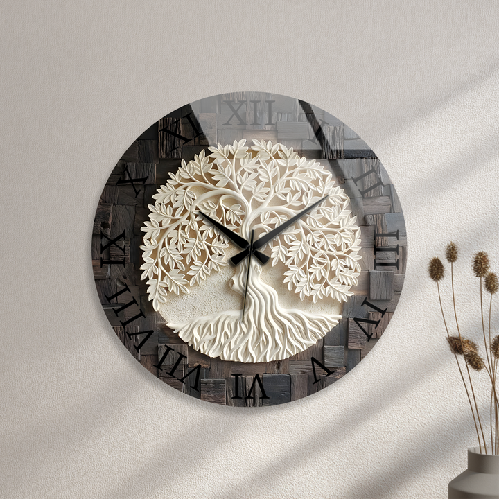Tree of Life Glass Wall Clock – Rustic Wood Look Decor