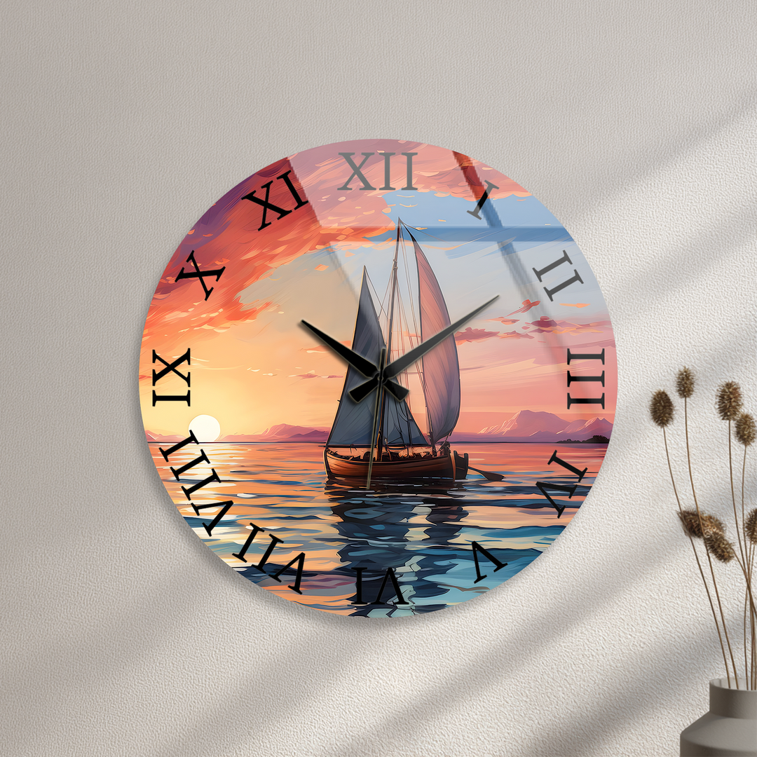 Sunset Sailboat Glass Wall Clock – Coastal Nautical Decor