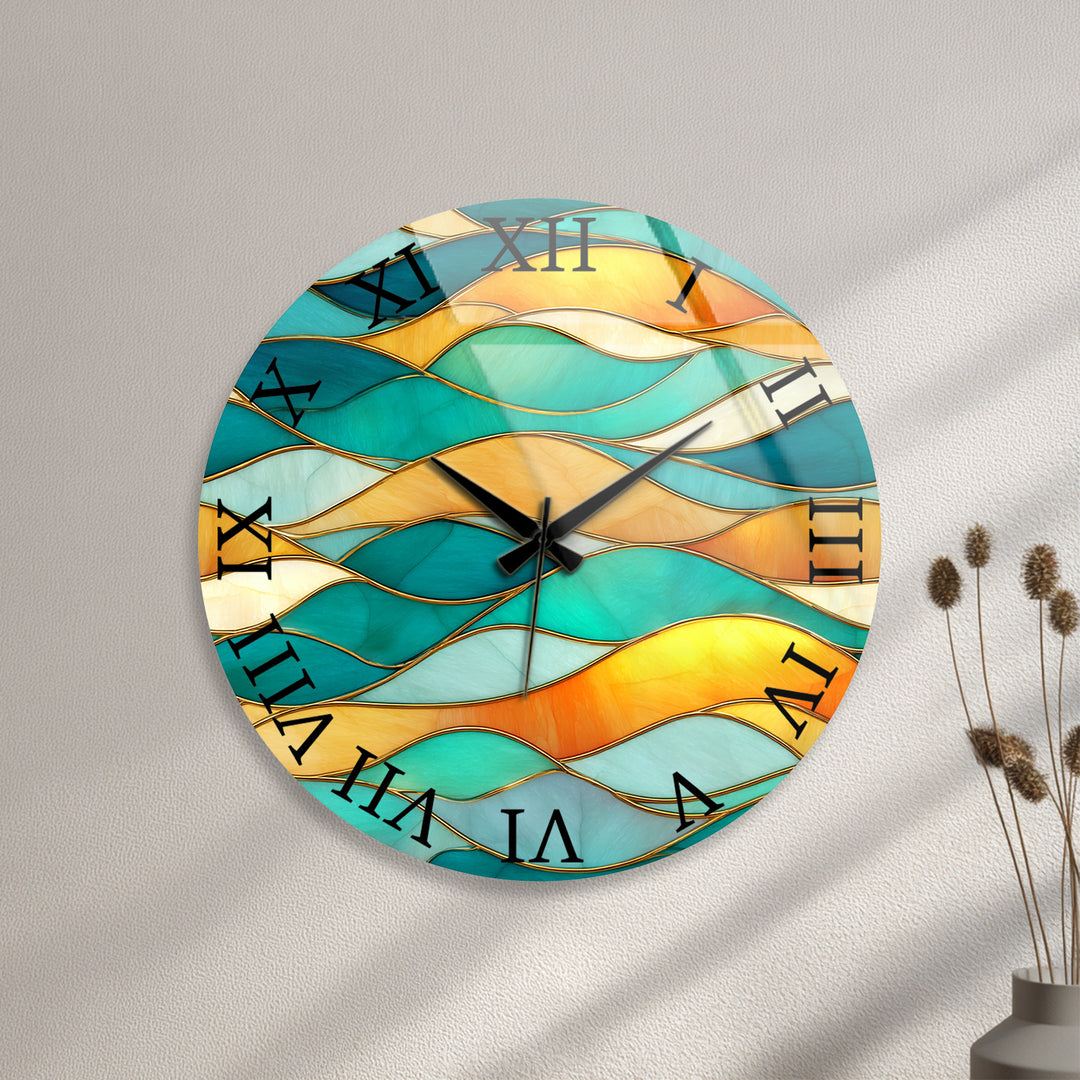 Turquoise Wave Glass Wall Clock – Abstract Stained Glass Decor