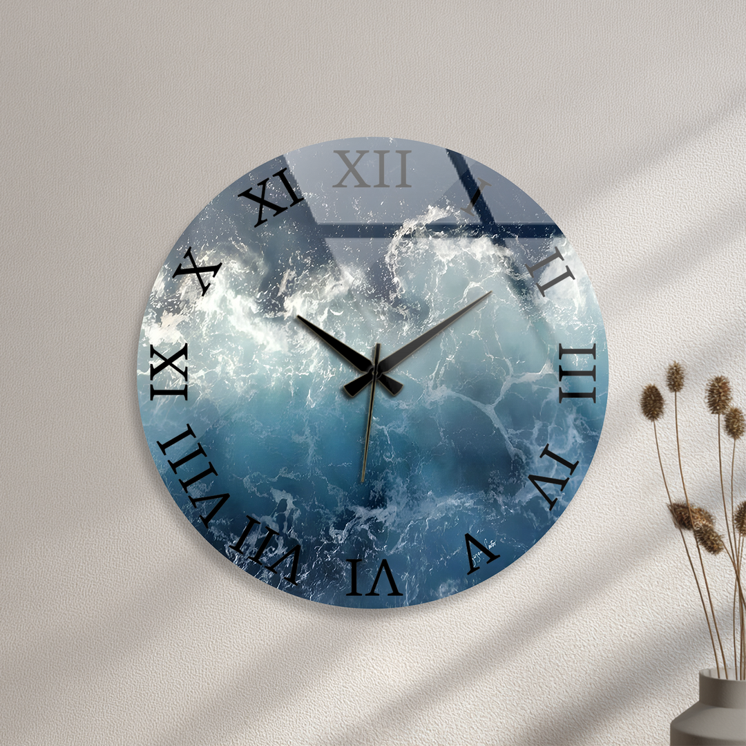 Ozeanwellen-Glaswanduhr – Küstenblaue Wanddekoration