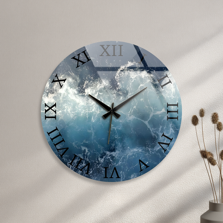 Ozeanwellen-Glaswanduhr – Küstenblaue Wanddekoration