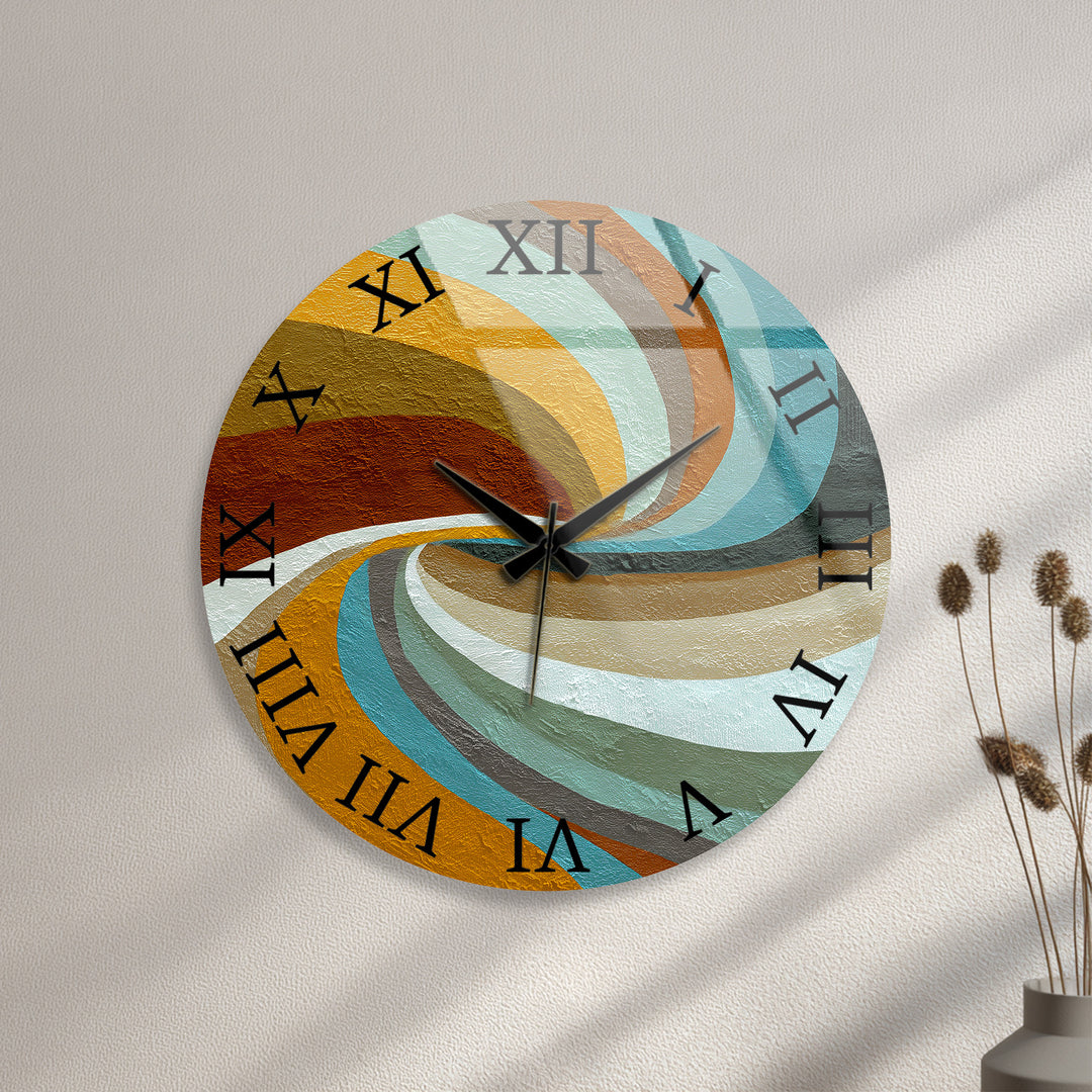 Retro Wave Glass Wall Clock – Teal and Mustard Abstract Decor