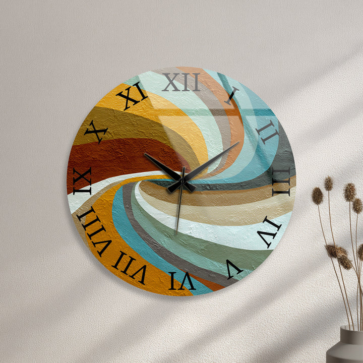 Retro Wave Glass Wall Clock – Teal and Mustard Abstract Decor