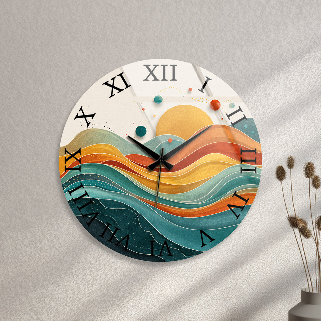 Retro Sunset Glass Wall Clock – Abstract Boho Wave Art