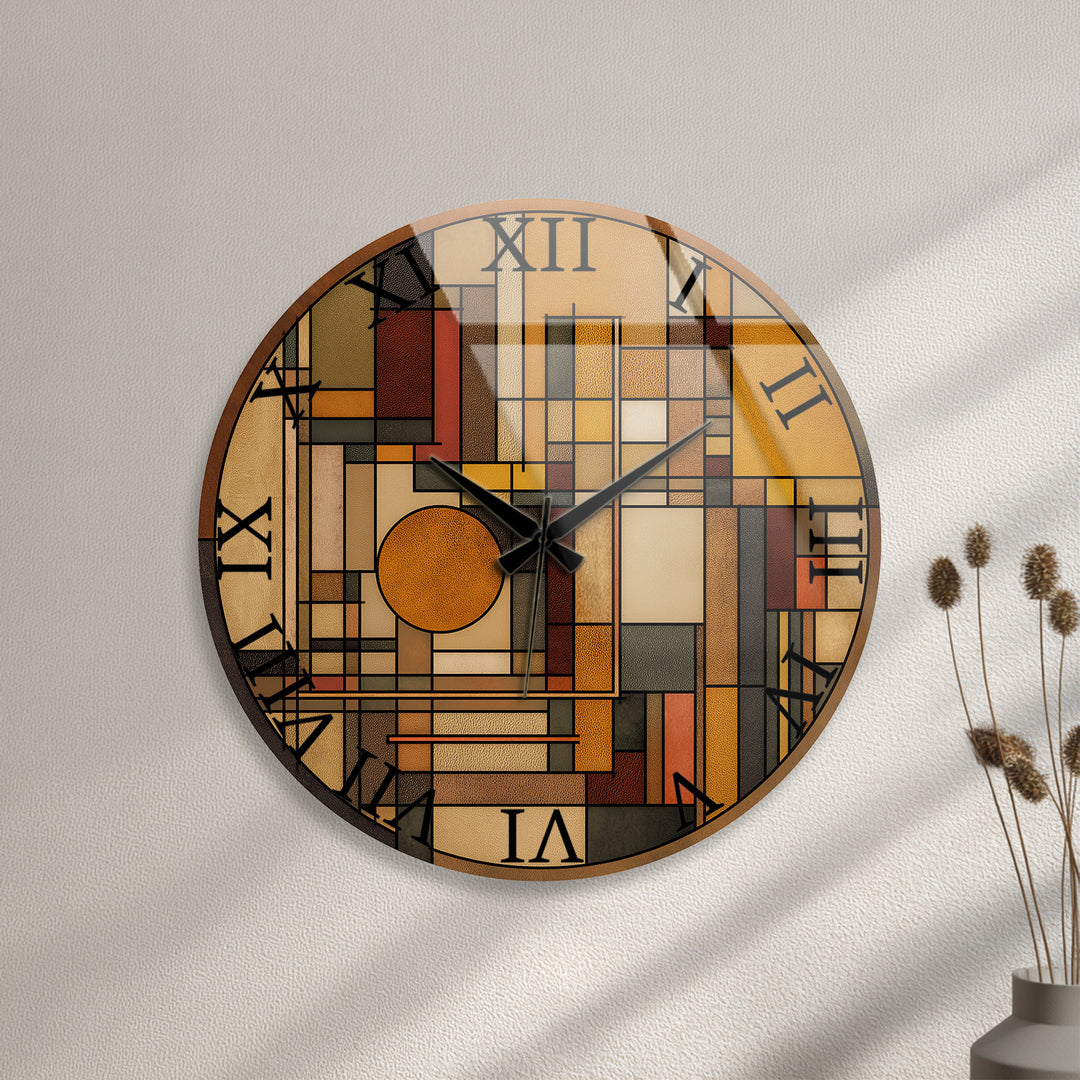 Art Deco Geometric Glass Wall Clock – Warm Retro Abstract Art