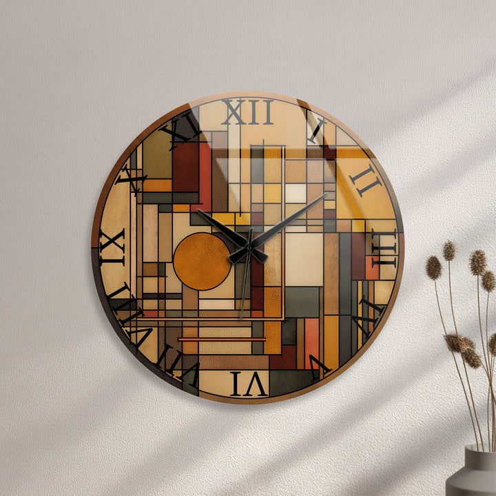 Art Deco Geometric Glass Wall Clock – Warm Retro Abstract Art