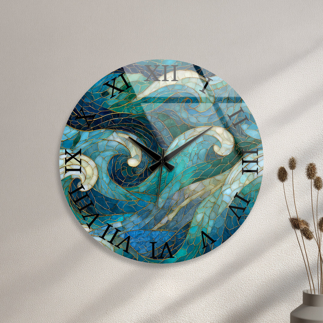 Blue Wave Glass Wall Clock – Abstract Stained Glass Style